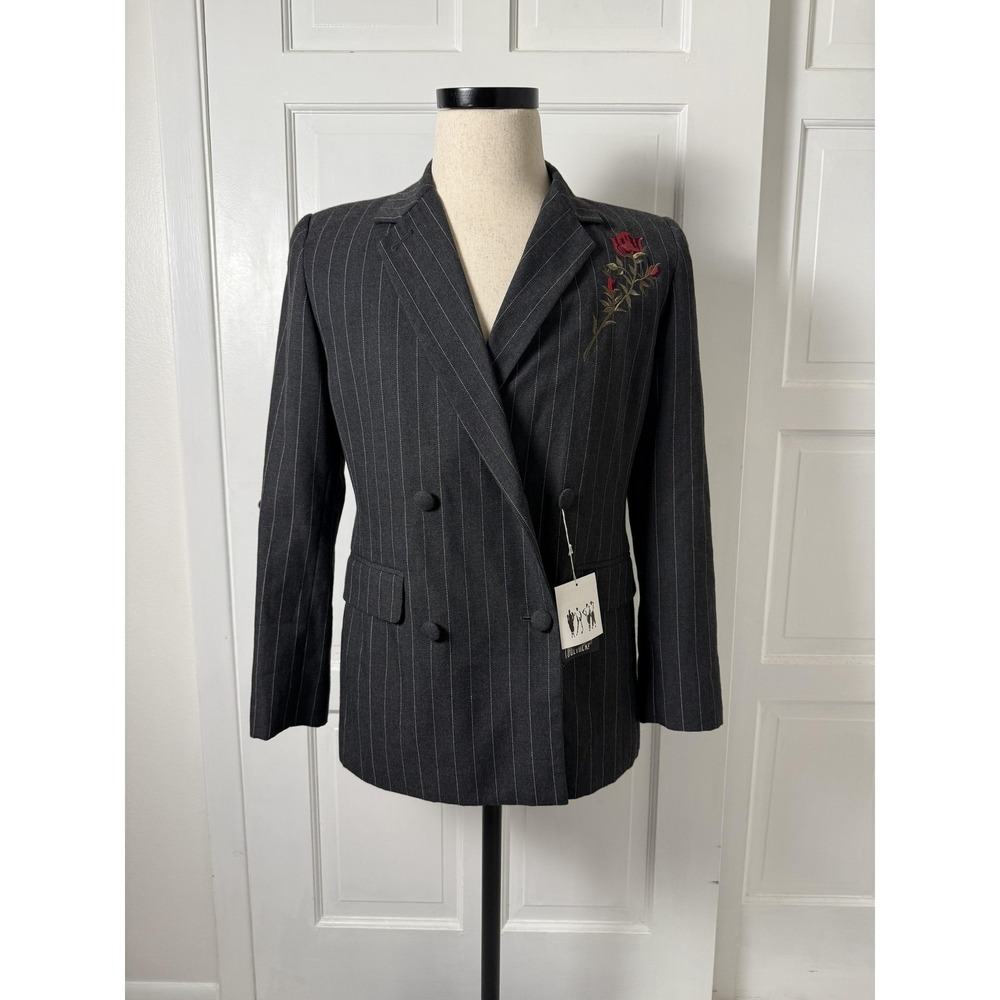 Together Blazer Womens 4 Black Pinstripe Embroidered Rose Floral Double Breasted